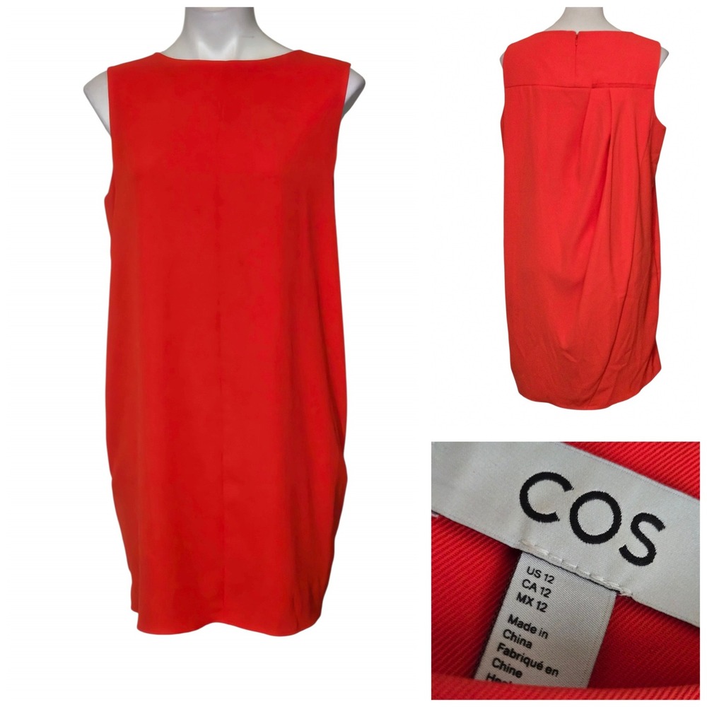 COS Shift Dress Boat Neck Pleated Back Sz 12 orange sleeveless office fall